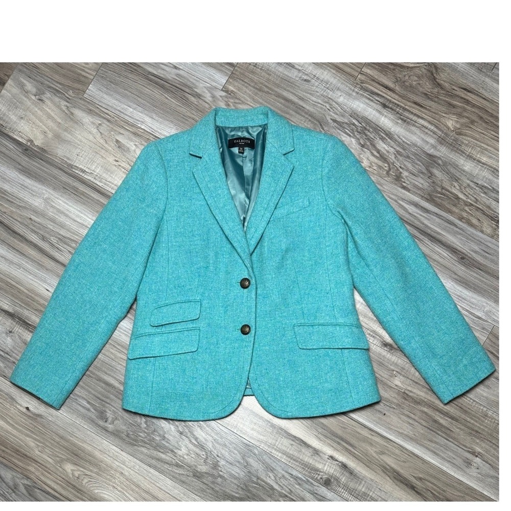 Talbots Womens Turquoise Wool Blend Tweed Crest Button Blazer Jacket 12P